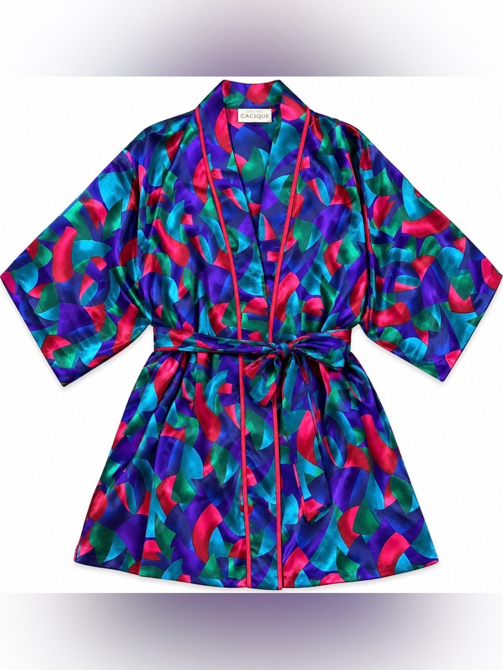 Vintage 80s Lingerie Cacique Satin Robe L Jewel Tone Geometric Kimono Belted